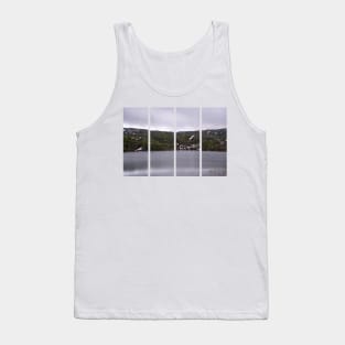 Wonderful landscapes in Norway. Vestland. Beautiful scenery of houses with grass roof. Norwegian traditional architecture Mountains, trees and snow in background. Cloudy day Tank Top